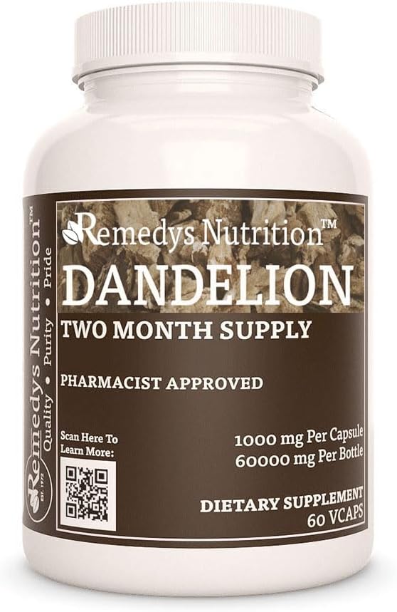 Remedys ernæring Dandelion Root | 1000 mg, 60 Vegan Capsules Herbal kosttilskudd | To måneders forsyning