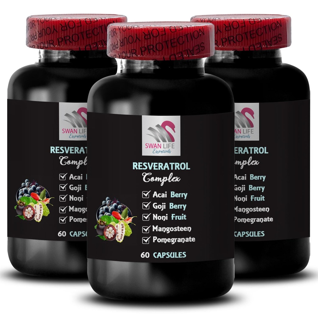 Berry Fordeler - RESVERATROL COMPEX - Daglig antioksidanter, Acai Berry Styrke, Elderbær Boost, Grape Skin Boost, Pomegranate Energi, Goji Berry Power, Hydration Factor 3 flasker 180 Kapsler