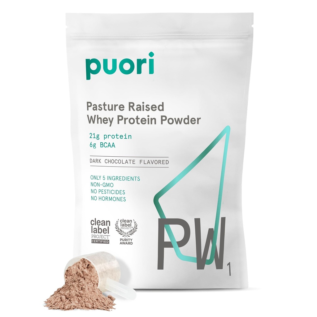 Puori Whey Protein pulver, mørk sjokolade - PW1 Pasture-Raised, Grass-Fed Whey Protein Powder Drink Mix inneholdende BCAA Aminosyrer - post-Workout Supplement for muskel gevinst og gjenoppretting - 30 serveringer