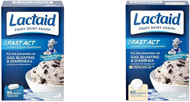 Lactaid Fast Act Laktose Intolerance Relief Caplets med Lactase Enzyme, 96 greve og rask akt Laktose Intolerance Chewables med Lactase Enzymes, Vanilla, 60 greve (Pack of 1)