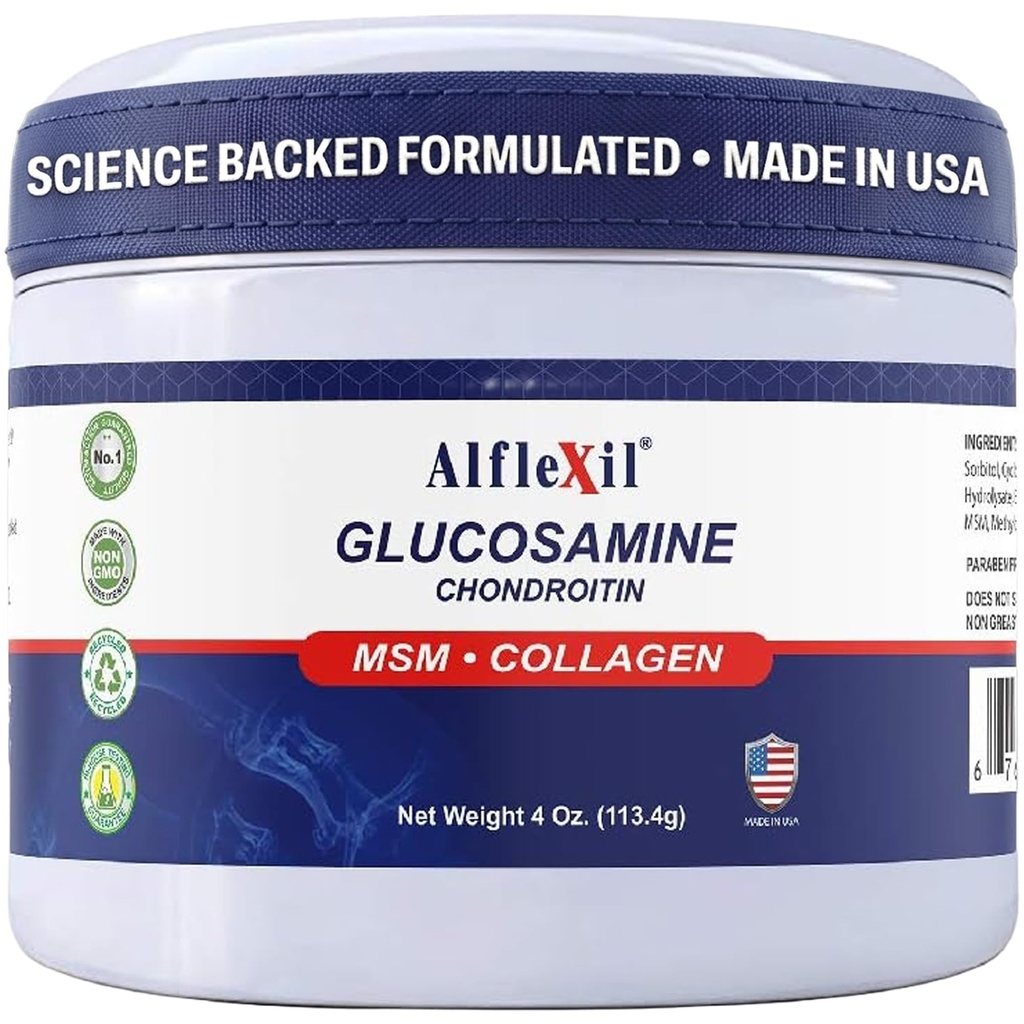 ALFA VITAMINS Alflexil Glucosamin Plus Chondroitin Cream med MSM & Collagen, støtter sunne ledd, ledd- og muskelsmerter lindring, forbedrer mobilitet, rask absorpsjon, og moisturizes hud, 4 Oz.