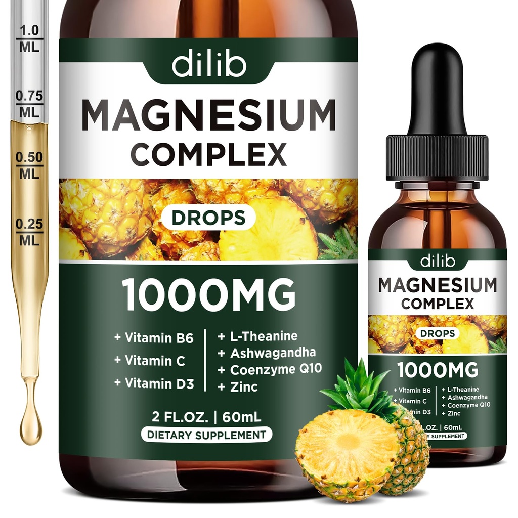 Triple Magnesium Complex Supplement, Magnesium Glycinate, Blande, Citrat Flytende Drops 1000 mg med Ashwagandha, CoQ10, vitamin B6, C, D, Vegan Pineapple Flavor
