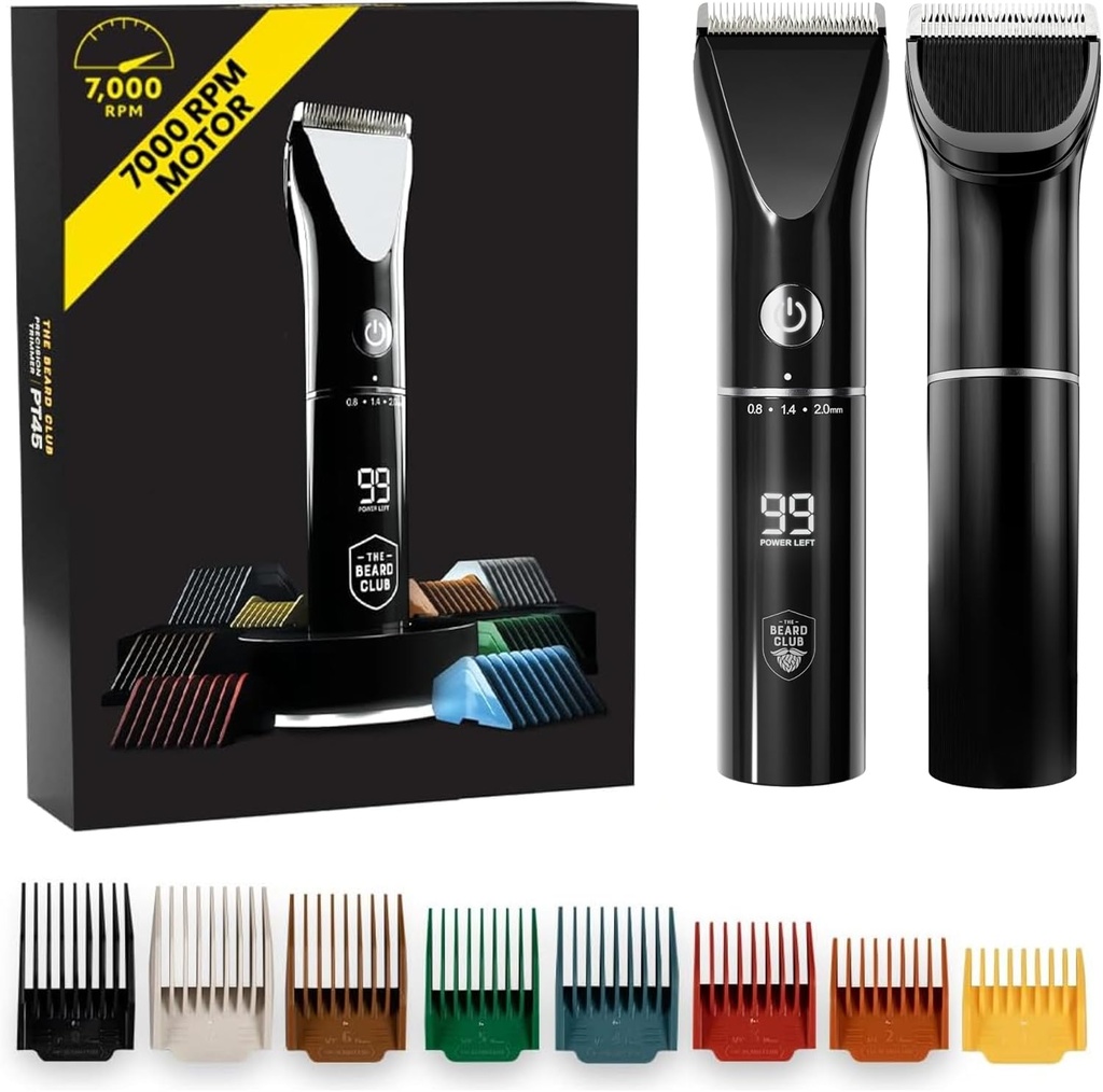 Beard Club Beard Trimmer for menn - Elektrisk trådløs oppladbar skjegg og hår trimmer - høy effekt 7000 RPM - 8 farger guider 45 unike trim lengder - reiselås