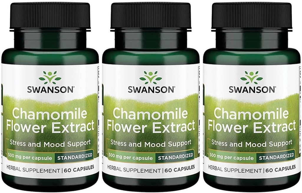Swanson Kamille Blomster Extract 500 Milligram Standardisert til 1,2% Apigenin 6 mg per kapsel 60 kapsler 3 pakke