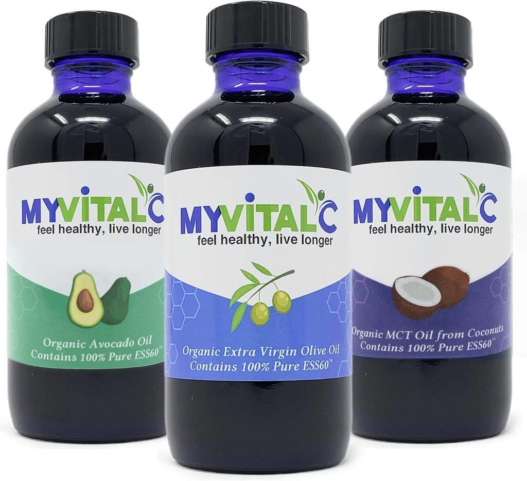 MyVitalC Combo av organisk Extra Virgin Olive Oil, MCT & Avocado Oil - ESS60 Antioksidant Supplement - For anti-aldring, lang tid, søvn, energi - Pakke med 3