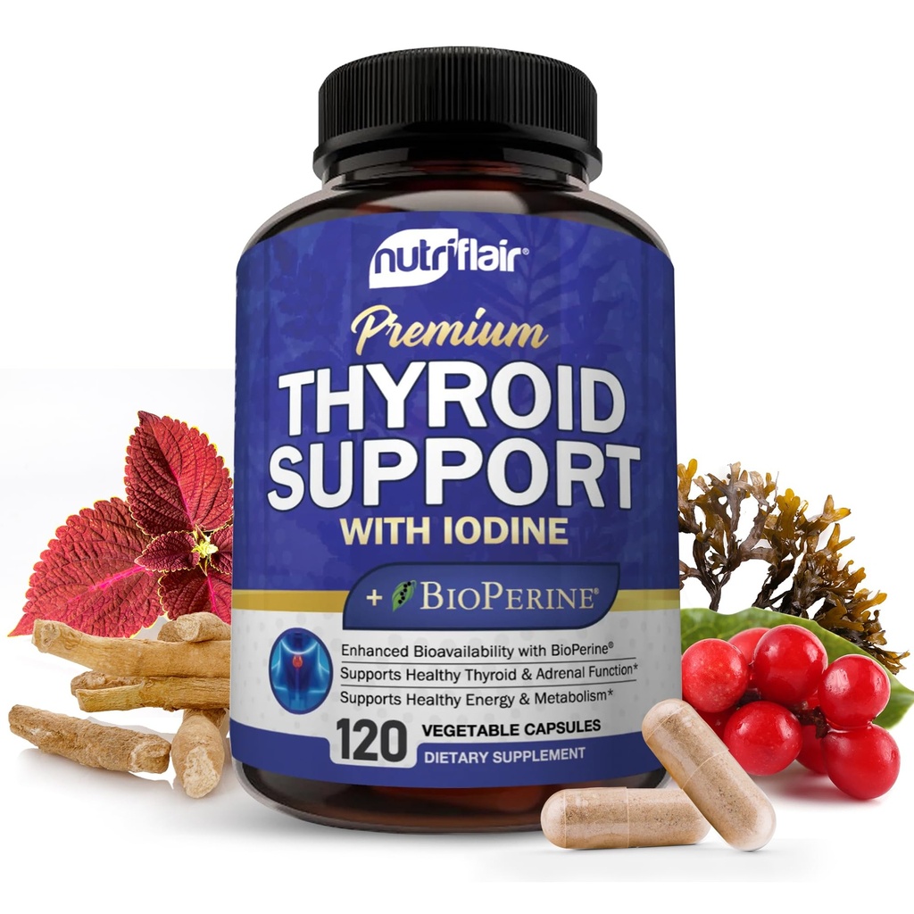 NutriFlair Thyroid støtte kompleks, 120 kapsler - med jodin, svart pepper, Ashwagandha, vitamin B12 - Thyroid Supplement for kvinner og menn