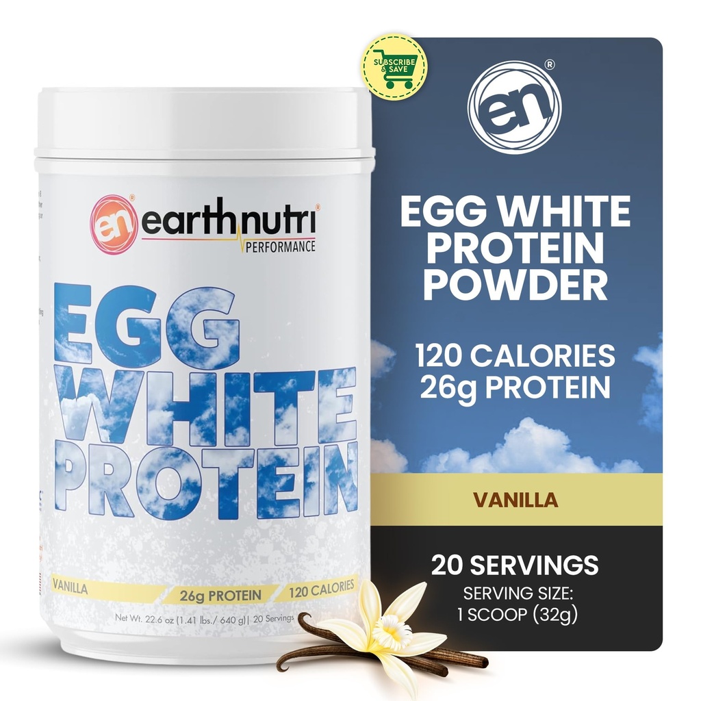 EarthNutri - Egg Hvitt Protein Powder Supplement for Pre, Intra eller Post Trening, 26g Protein Per Serving, støtter muskelstyrke og gjenoppretting, Ingen kunstige tilsetningsmidler - Vanilla 20 Serveringer (640g)