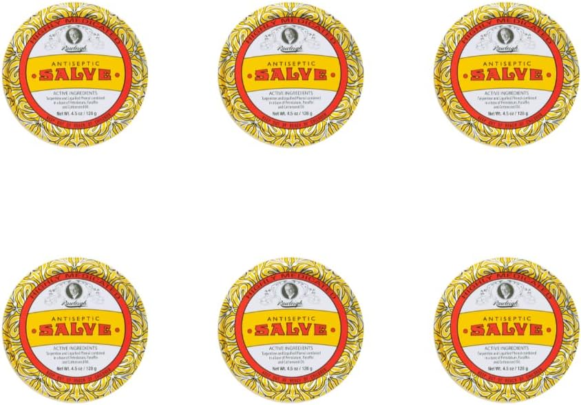 Rawleigh Antiseptisk Salve Iconic Yellow Big Tin: 4.5 oz, Multi-Purpose Ointment Sootes Cuts, Bruises, Irritasjoner, med Turpentine, Phenol, bomullsfrøolje og parafin, Original Formula - Pakke med 6