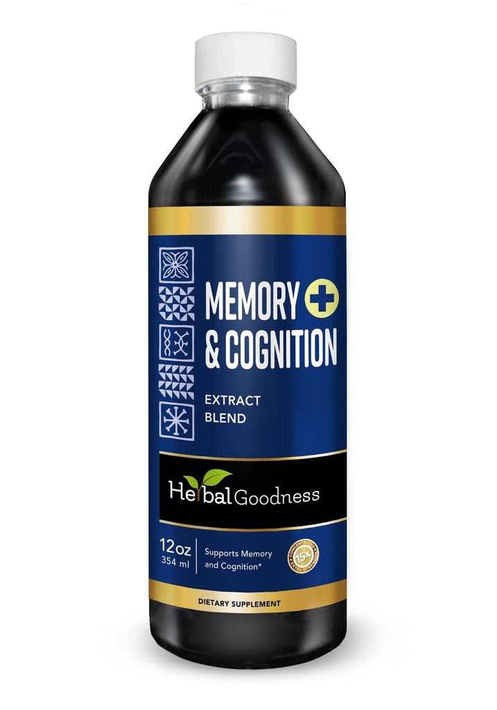 Herbal Goodness minne og kognisjonsvæske Ekstrakt 12oz - støtter mental klarhet, energi og immunfunksjon - organisk naturlig kosttilskudd med Ginkgo, Sage & Lions mane - 23 Services