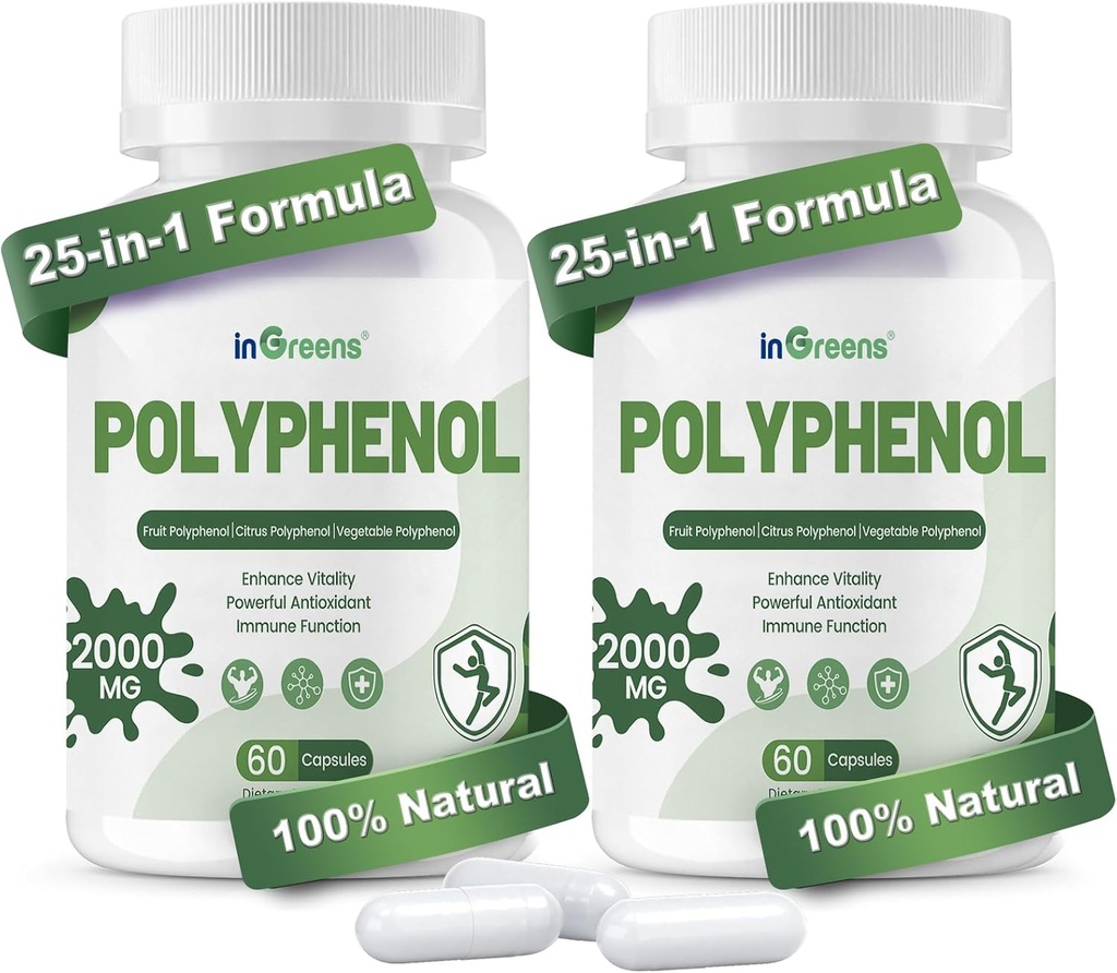 25-i-1 polyfenoler Supplement, 2000MG kraftige antioksidanter og polyfenol for aldersforsvar, polyfenol Superfood, Quercetin, Resveratrol, Plantebasert & Energi, Immunstøtte, 120 Kapsler