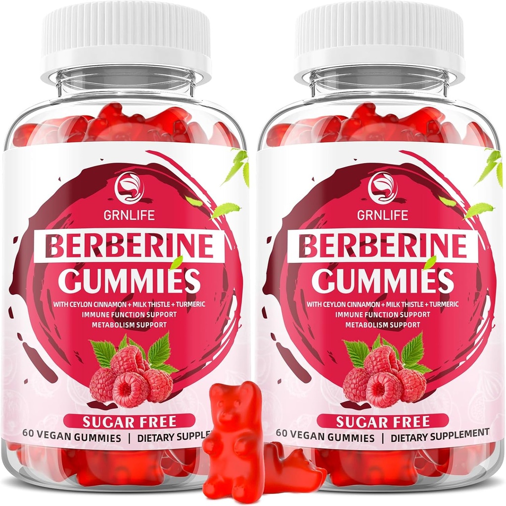 Berberine Gummier med Ceylon kanel 1500mg høy potens Berberine HCL Supplement for immun og metabolisme støtte, sukker gratis, bringebær flavor - 120 greve