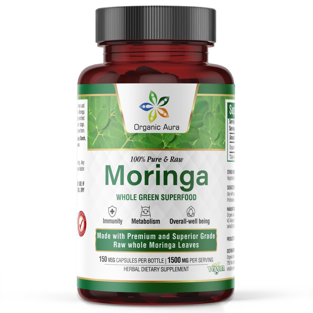 Organic Aura Moringa Leaf Capsules - 150 HPMC Veg | Hele blader Grønn Super Food Nutrition | Naturlig øker metabolisme, energi, helse, og utholdenhet | 100% ren sikker Moringa |Non GMO.