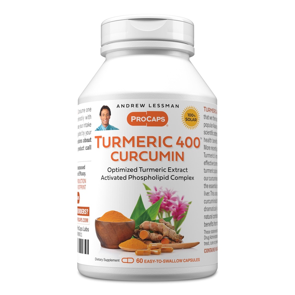 ANDREW LESSMAN Turmeric 400 mg - 60 kapsler - 95% Curcuminoids som fosfolipid kompleks for optimale fordeler og absorpsjon, høy potens standardisert ekstrakt, liten lett å svelge kapsler