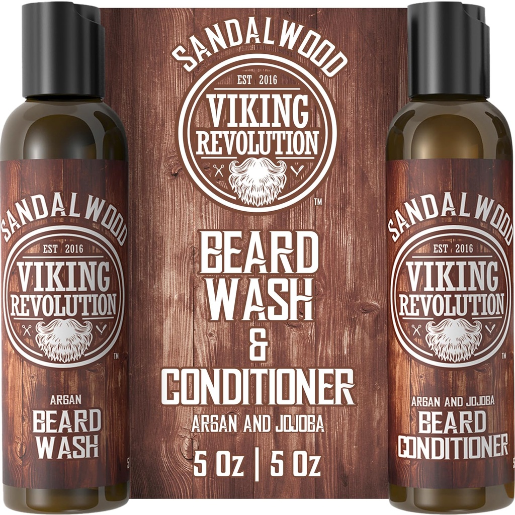 Vikingrevolusjon Skjorter Vaske & Beard Conditioner Sett m/Argan & Jojoba Oljer - Softens & Styrker - Naturlig Beard Shampoo m/Beard Oil Sandalwood (5oz)