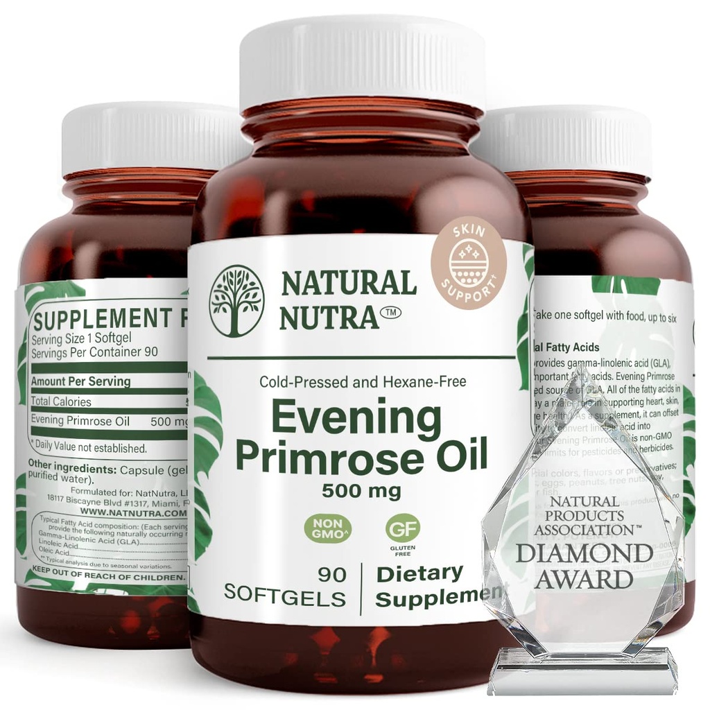 Naturlig Nutra Aften Primrose Olje Supplement fra fettsyre, Nerve Helse, Hjelper Redusere Hud Blemishes, Balanse Body Secretions, Fremme hjerte helse, Hud Klarhet, 500 mg, 90 Softgels