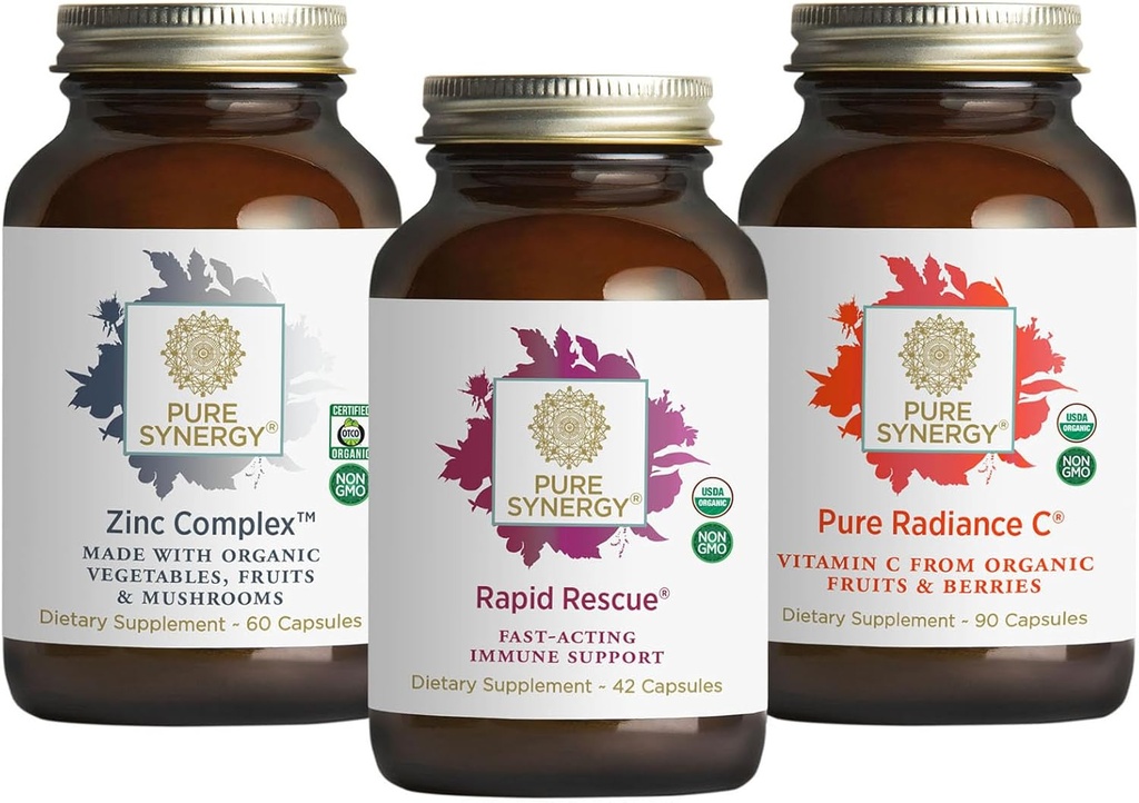 PURE SYNERGY Umiddelbart immunstøtte Bundle | Organisk vitamin C Supplement | Sink Supplement laget med hele matvarer | Rapid herbal formel med Echinacea ekstrakt | Ikke-GMO og organiske ingredienser