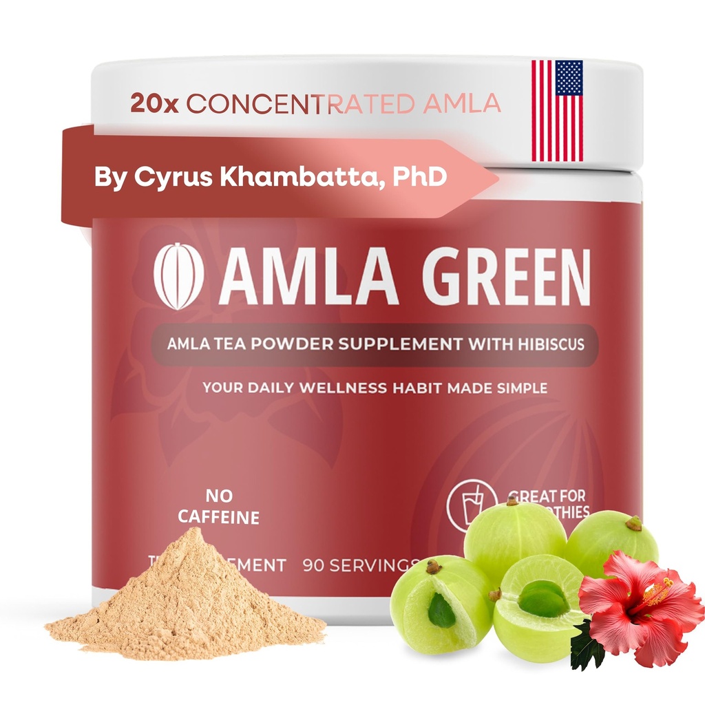 Amla pulver & grønn te Superfood Supplement med Hibiscus, 20x Ultra konsentrert Amla, Antioksidant støtte, laget med Oolong te og indisk goosebær, økologisk, vegansk, Hibiscus, 90 serveringer