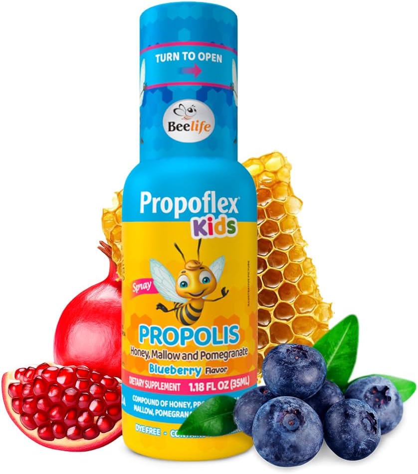 Beelife Bee Propolis Extract, Propolis Throat Spray for barn – Propolis, Honning, Mallow, Pomegranate - Naturlig immunstøtte & Sore Throat Relief, Ingen sukker - Blåbær Flavor - (35ml/ 1-Pack)