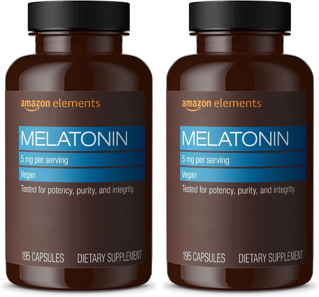 Elementer - Melatonin 5mg Kapsler, Hjelper med anlednings søvnløshet, Vegansk, Unflavored, 195 greve (pakke på 2), 6 måneders forsyning (pakke May Vary)