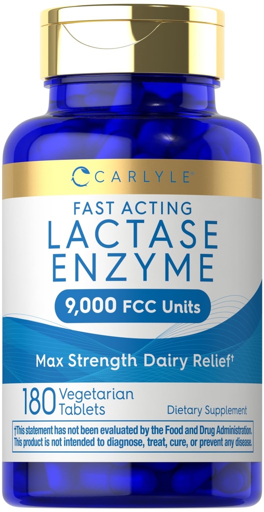 Carlyle Lactase Enzyme Piller 9000 FCC 180 Tabletter | Fastvirkende Dairy Relief Supplement | Maks styrke støtte | Ikke-GMO, Glutenfri