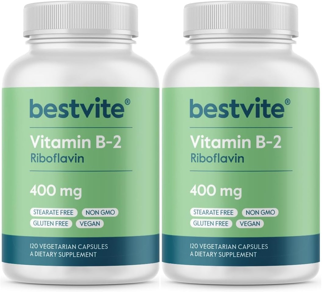 BESTVITE Vitamin B-2 (Riboflavin) 400mg (240 Vegetariske kapsler) (120 x 2) - Ingen stearates - Vegan - Ikke GMO - Glutenfri
