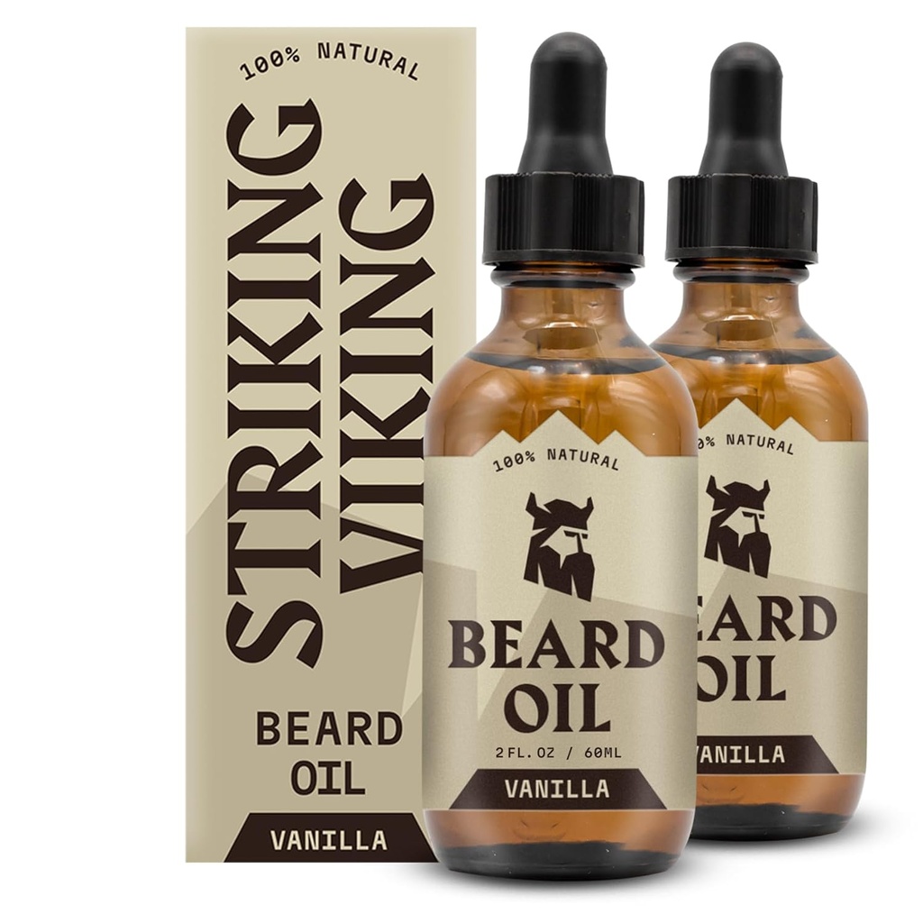 Striking Viking Beard Olje til menn - 2 Fl Oz, Pakke med 2, Vanilla Scent - naturlig avledet balsam med Almond, Te Tree, Argan & Jojoba Olje for Beard Vekst, Mykning & Moisturizing