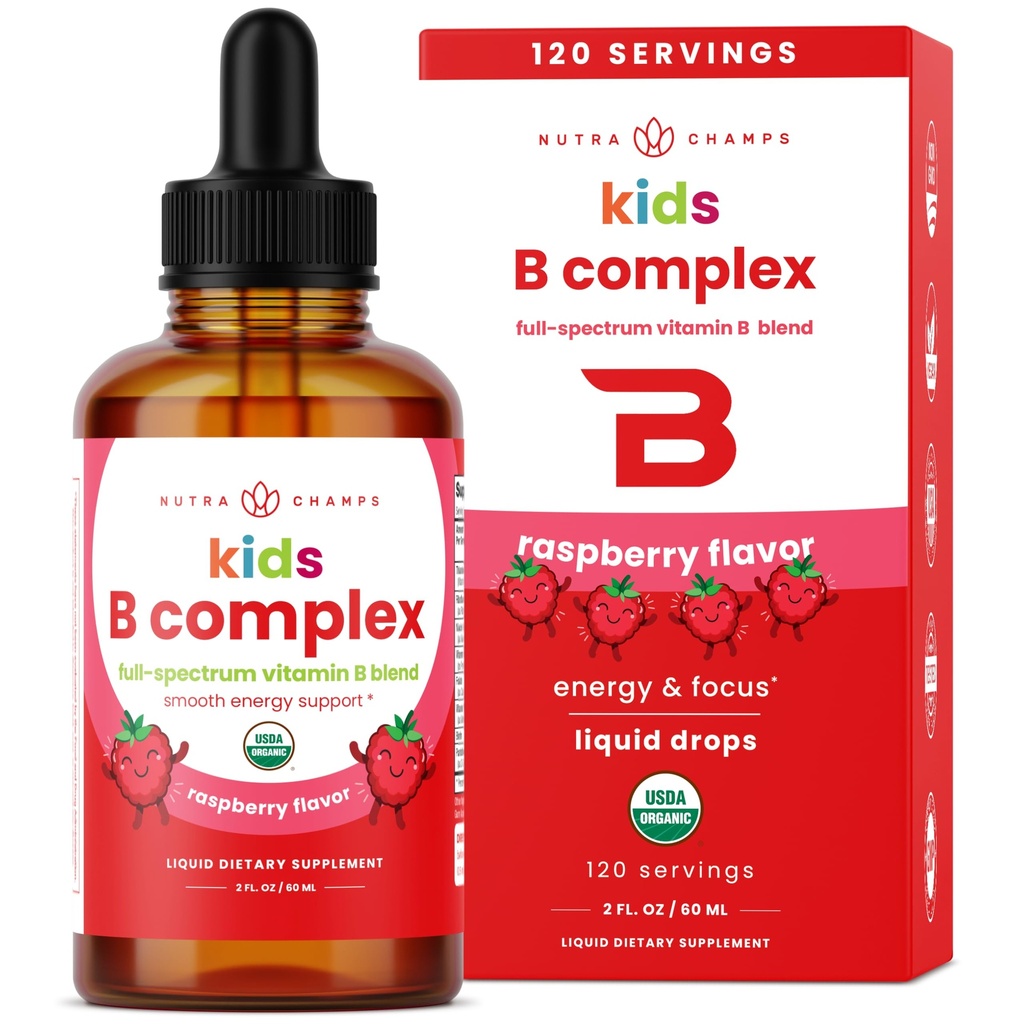 NutraChamps Vitamin B-kompleks for barn, B1, B2, B3, B6, B7, B9 & Metyl B12, Kids B-komplekse flytende dråper Supplement, Energi, Fokus, Metabolisme, Naturlig Berry, 120 Serveringer, 4 måneders Supply