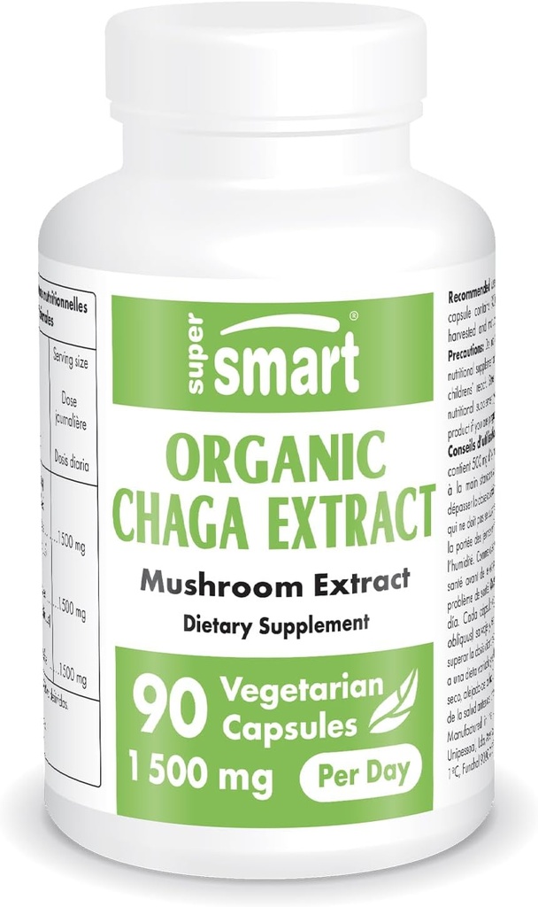 SuperSmart Organic Chaga ekstrakt 1500mg per dag (høy styrke) - Wild & hånd plukket Chaga Mushrooms Supplement | Ikke-GMO & Glutenfri - 90 Vegetariske kapsler