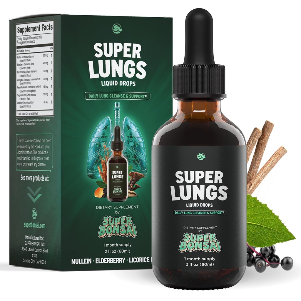 SuperBonsai Super Lungs Mullein Drops – Herbal Lung Støtte Tinktur med Mullein Leaf Extract Elderberry Reishi Marshmallow Root – støtter klar puste og velvære – 2 oz