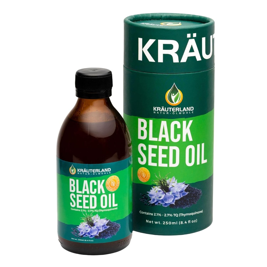 Kraeuterland - ny twist lås - ingen lekkasje - Naturlig svart frøolje flytende 8,4 fl oz, Nigella Sativa Seed Oil,High Thymoquinon, Cold Pressed, Vegansk, Glutenfri