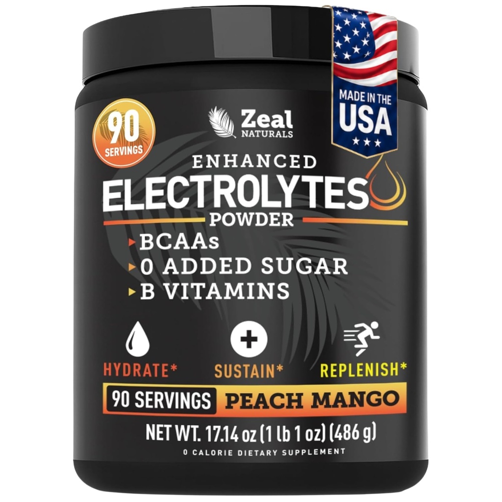 Zeal Naturals Electrolyte pulvergjenvinningsdrikk (90 serveringer | Peach Mango) w 0 Sukker + BCAA + B-vitaminer Electrolyte Supplement w Kalium Zink & Magnesium for Hydration - Keto elektrolytter