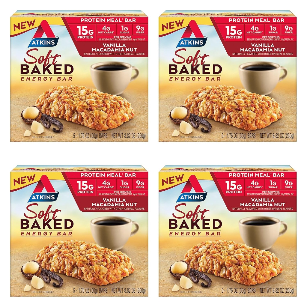 Atkins Vanilla Macadamia Nut Flavored Mykt Baket Energi Bars, Høyt i Protein, Lavt Sukker, Høy Fiber Snack, Protein Snack, 4 Pakker (4 Bars Hver)