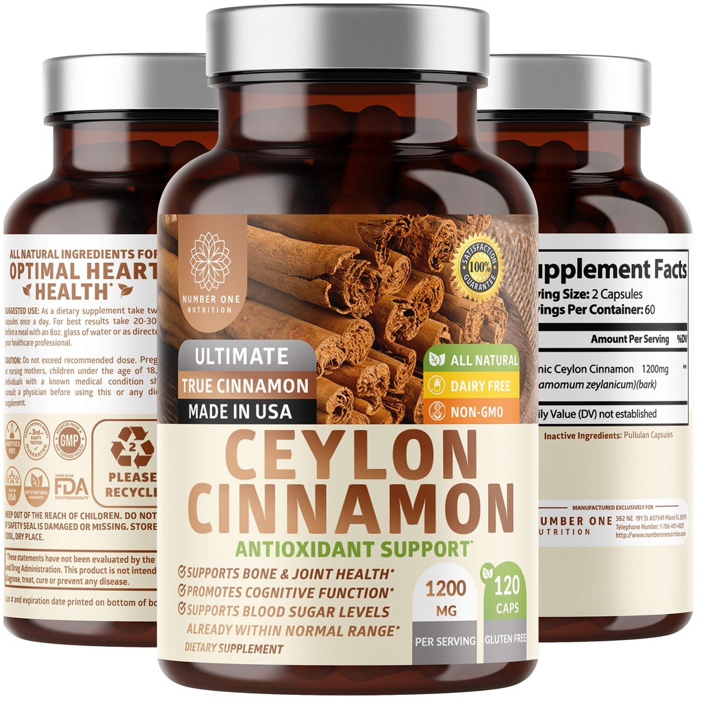 N1N Premium Ceylon kanel 1200mg 100% organisk ceylon kanel] Naturlig kosttilskudd for å støtte sunn sirkulasjon, hjerne og felles funksjon, 120 Caps