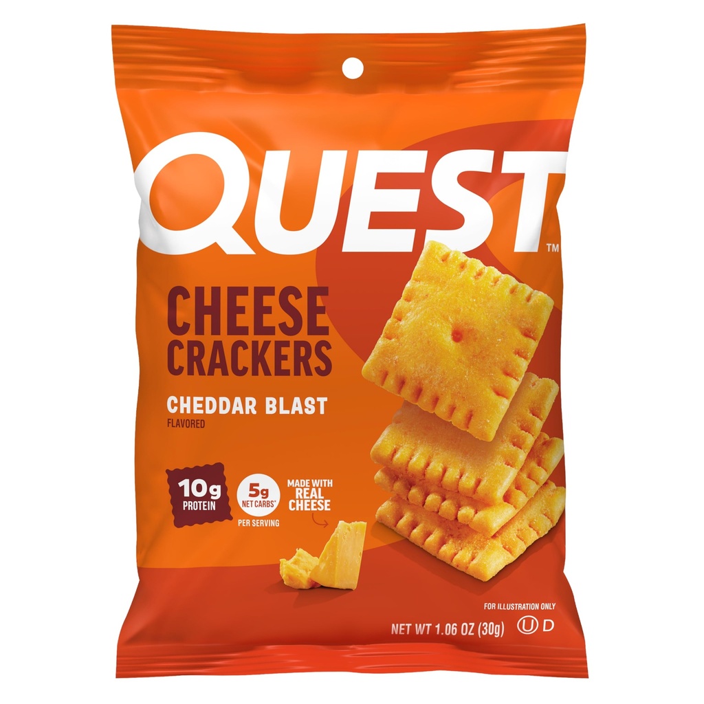 Quest Nutrition Cheese Crackers, Cheddar Blast, 10g Protein, 5g Net Carbs, 1g Sukker, laget med ekte ost, 12 pakker (1,06 oz poser)