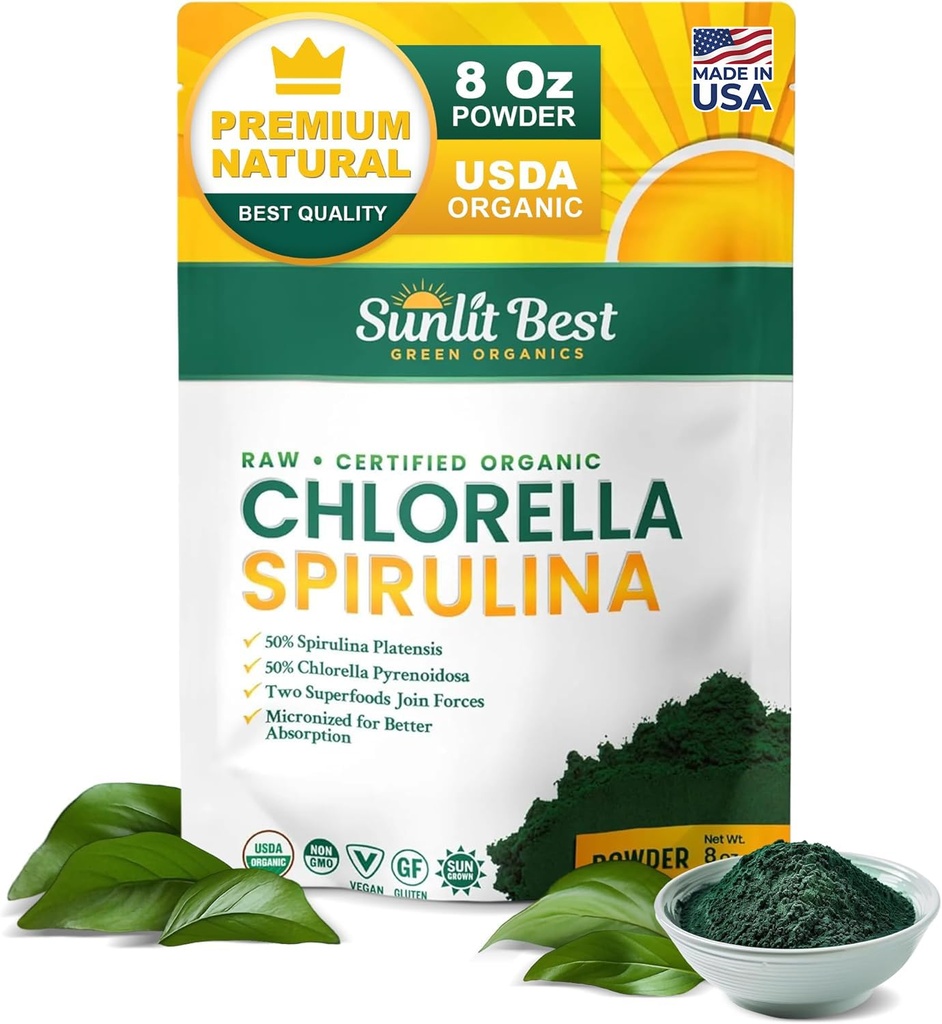 Sunlit Best USDA Organic Chlorella Spirulina Powder - 100% Rå & Vegan Kilde til Protein & Klorofyll | Ikke GMO & Glutenfri Superfood Energi Drikke | Gut Helse og immunstøtte Supplement, 8 oz