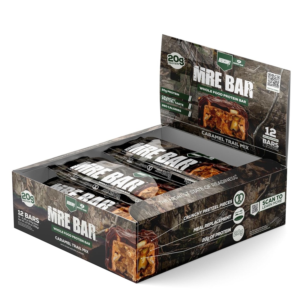 REDCON1 x Mossy Oak MRE Protein Bar, Caramel Trail Mix - 20g hele mat Protein + MCT olje - lett dialyserbar, makro balansert lav sukkermåltid erstatningsbar (12 bars)