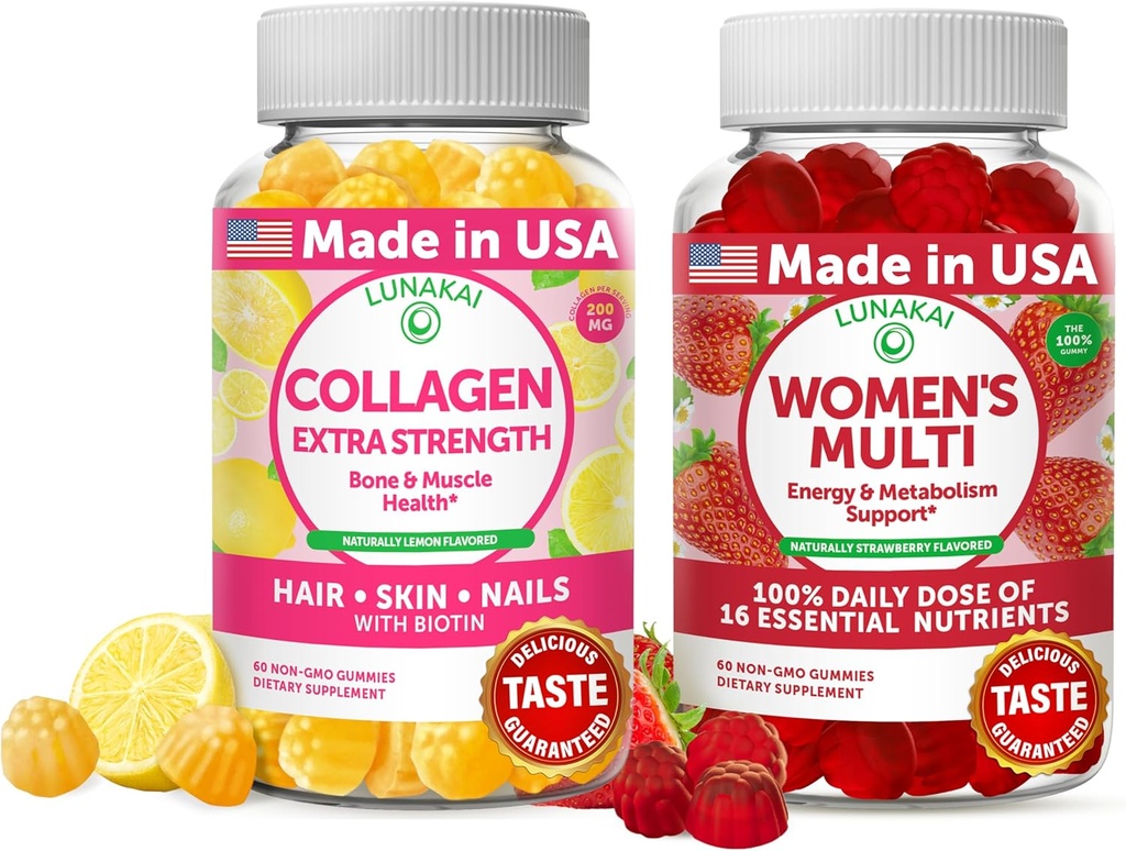 Lunakai Collagen og kvinners multivitamin Gummies Bundle - Ikke-GMO Anti Aging Kosttilskudd med Biotin, sink, vitamin C og E - 100% daglig verdi av 16 essensielle vitaminer og mineraler - 30 dagers forsyning