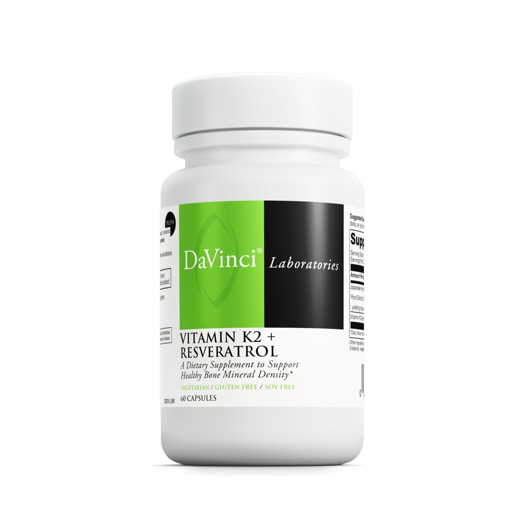 Davinci Labs Vitamin K2 & Resveratrol - Bone Health & Cardiovascular Supplement with Antioxidant Support* - Vegetarian, Gluten-Free & Soy-Free - 60 Capsules