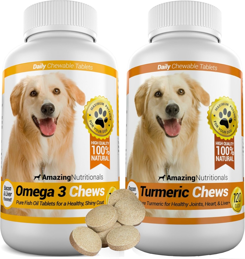 Amazing Combo Omega-3 Fiskeolje og gurkemeie curcumin for hunder - ren all-naturlig kjæledyr antioksidant - fremmer skinnende Coat, hjernehelse, eliminerer leddsmerter, 120 Tasty Chews x 2