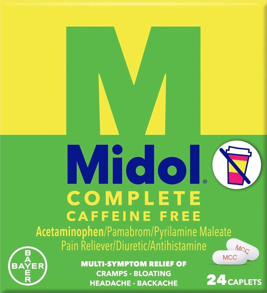 Midol Complete Koffein Free Caplets 24ct: Midol Complete Koffein Gratis Menstruell Smerte Relief Caplets med Acetaminophen, gir hodepine relief og periode Cramps Relief, 24 greve