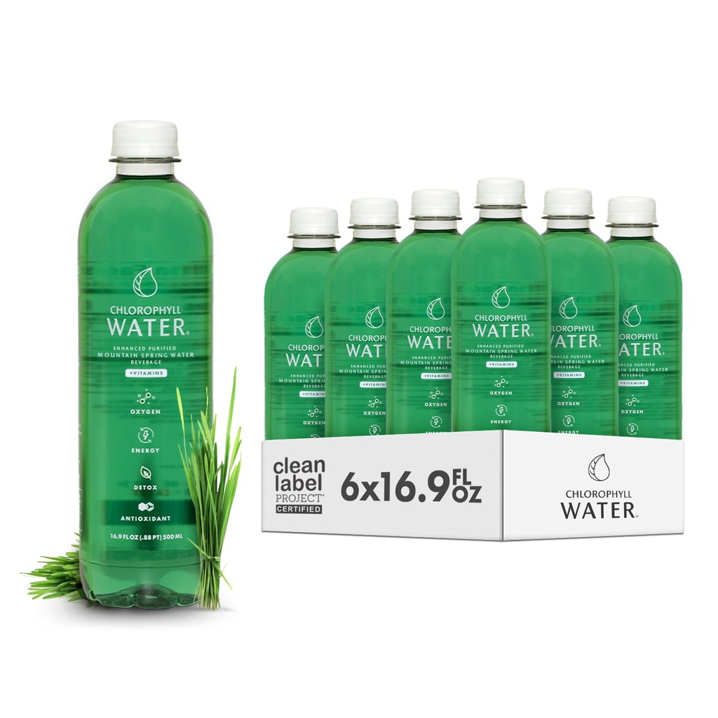 Klorofyllvann – flytende klorofyll 6-pakke (16.9oz) | Skjønnhetsdrikk for glødende hud, anti-aldring og oksygenforsterkning | vitaminer A, B12, C, D | Vitaminvann | Ren etikett |