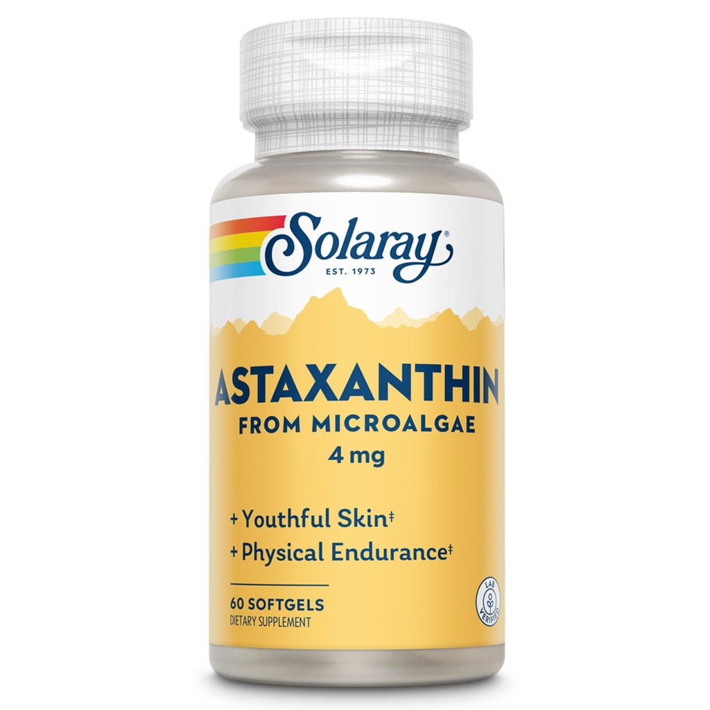 SOLARAY Astaxanthin 4 mg | Antioksidant | Sunt øye, hud, kariovaskulær funksjon og felles støtte | 60 Softgels