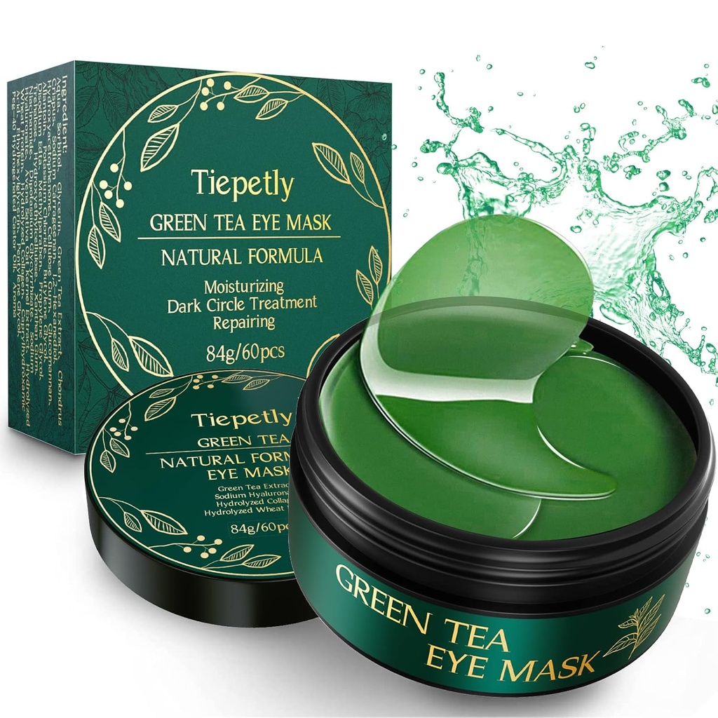 Lenkende under øyemasker med kollagen, grønn teøyelapper for mørke sirkler og puffiness, Hydrating, anti-virvel, 60 stk