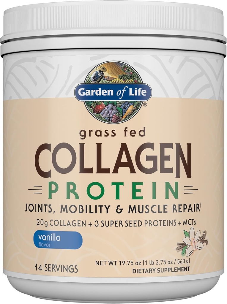 Livshage Grass Fed Collagen Protein pulver - Vanilla, 14 Serveringer, pulver for ledd Mobilitet Muskel Reparasjon, Kollagen Peptider + Super Seeds + Coconut MCTs, Keto Supplement