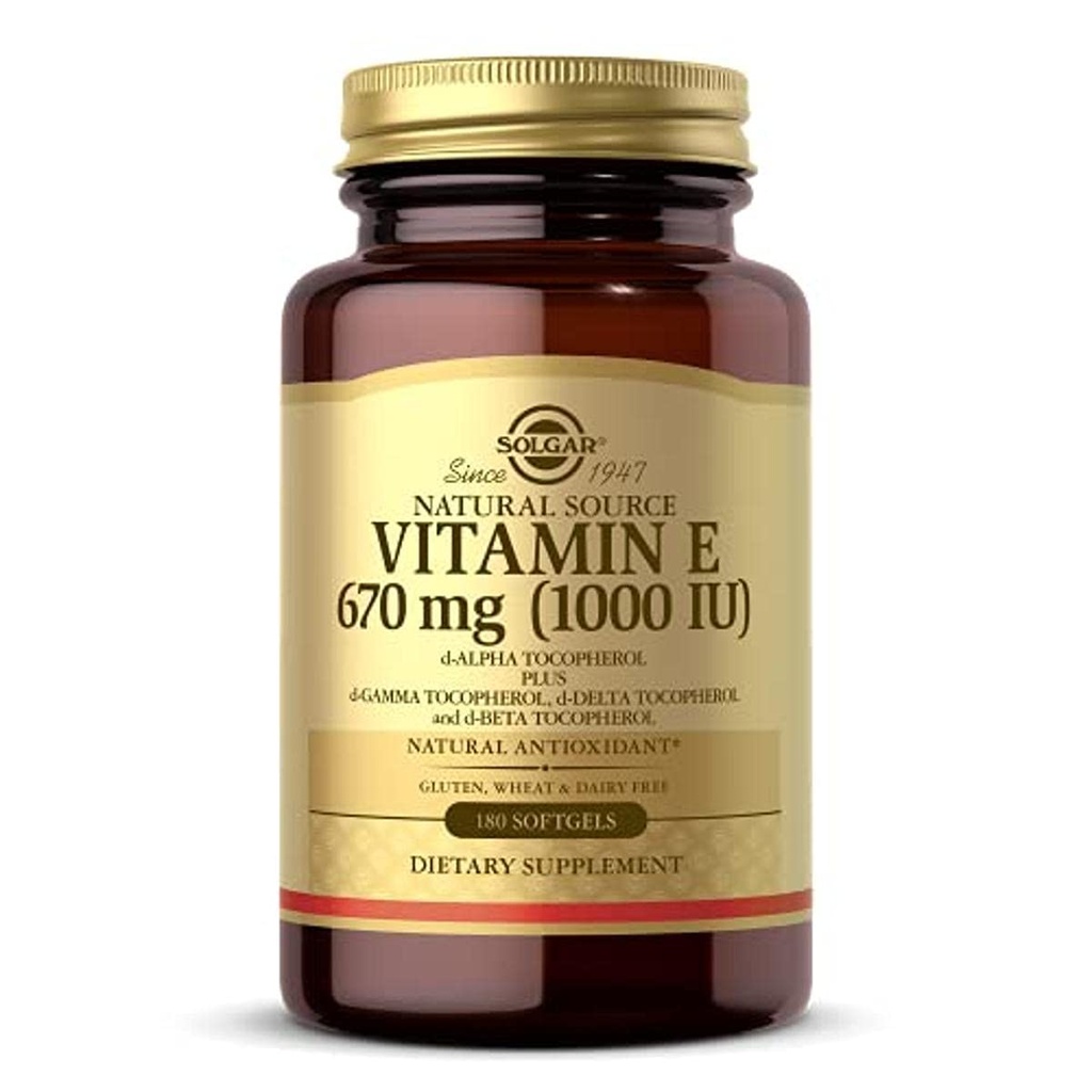 Solgar Vitamin E 670 mg (1000 IU), 180 Softgels - Naturlig antioksidant, Hud og immunsystem støtte - Naturlig-kildet vitamin E - Glutenfri, Dairy Free - 180 Serveringer