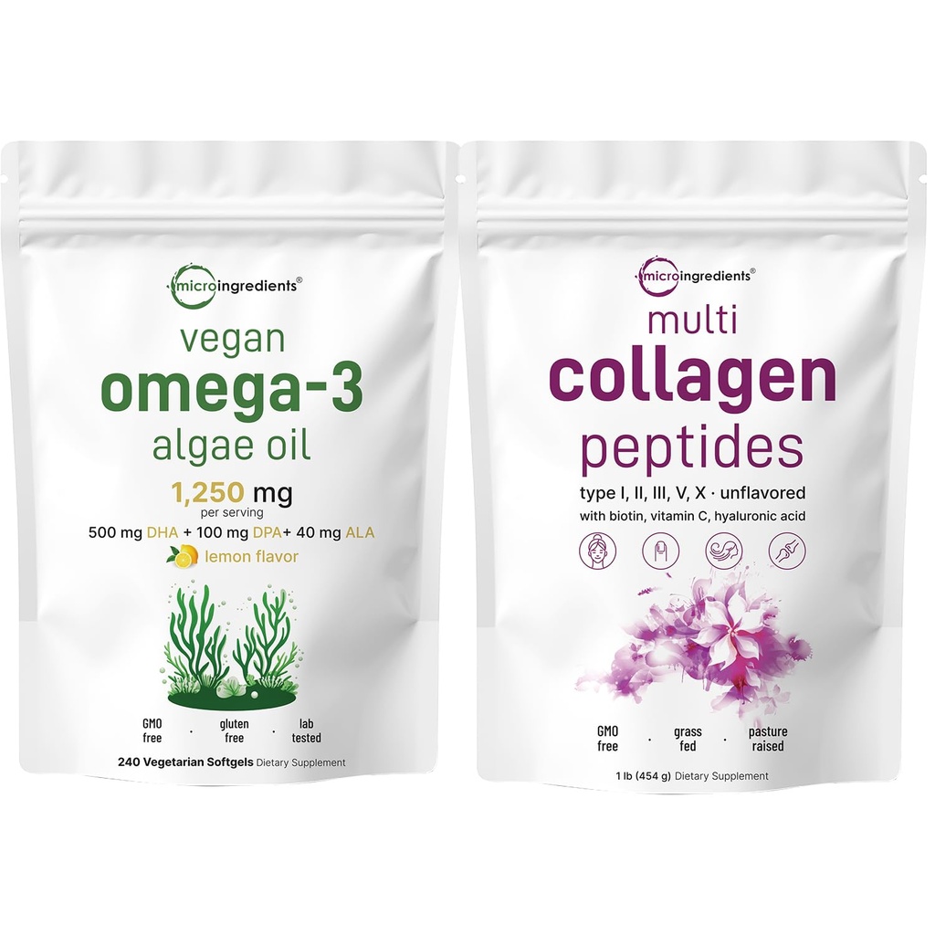 Mikro ingredienser Multi Collage Protein pulver 16oz & Vegansk Omega 3 Algae Olje Supplement Bundle 2 pakke | Grass-Fed Collage Peptider | Omega-3 Full Spectrum Alternativ til Fish Oil