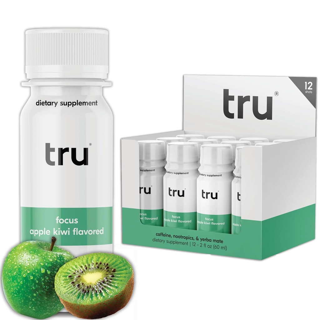 Tru Focus Shots, Nootropic Energidrikk med Yerba Mate, L Theanine & Natural Caffeine, Vegansk wellness Shot med null sukker og kalorier, Glutenfri, ketovennlig, Apple Kiwi Flavor, 2 FL OZ, 12 Pack