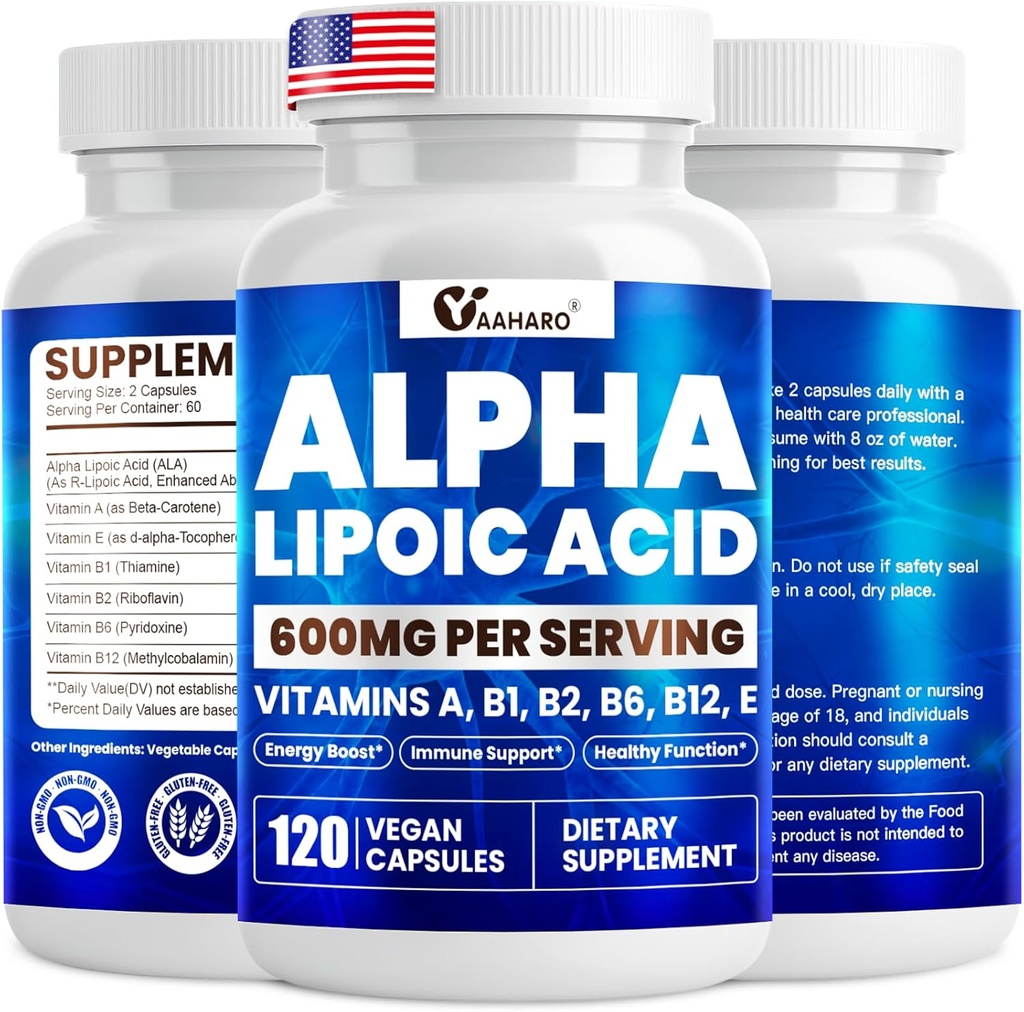 Alpha Lipoic Acid 600 mg, ALA Supplement for energiforsterkning, immun støtte, sunn funksjon, og forbedret absorpsjon, R-Alfa Lipoic Acid med essensielle vitaminer, 120 kapsler