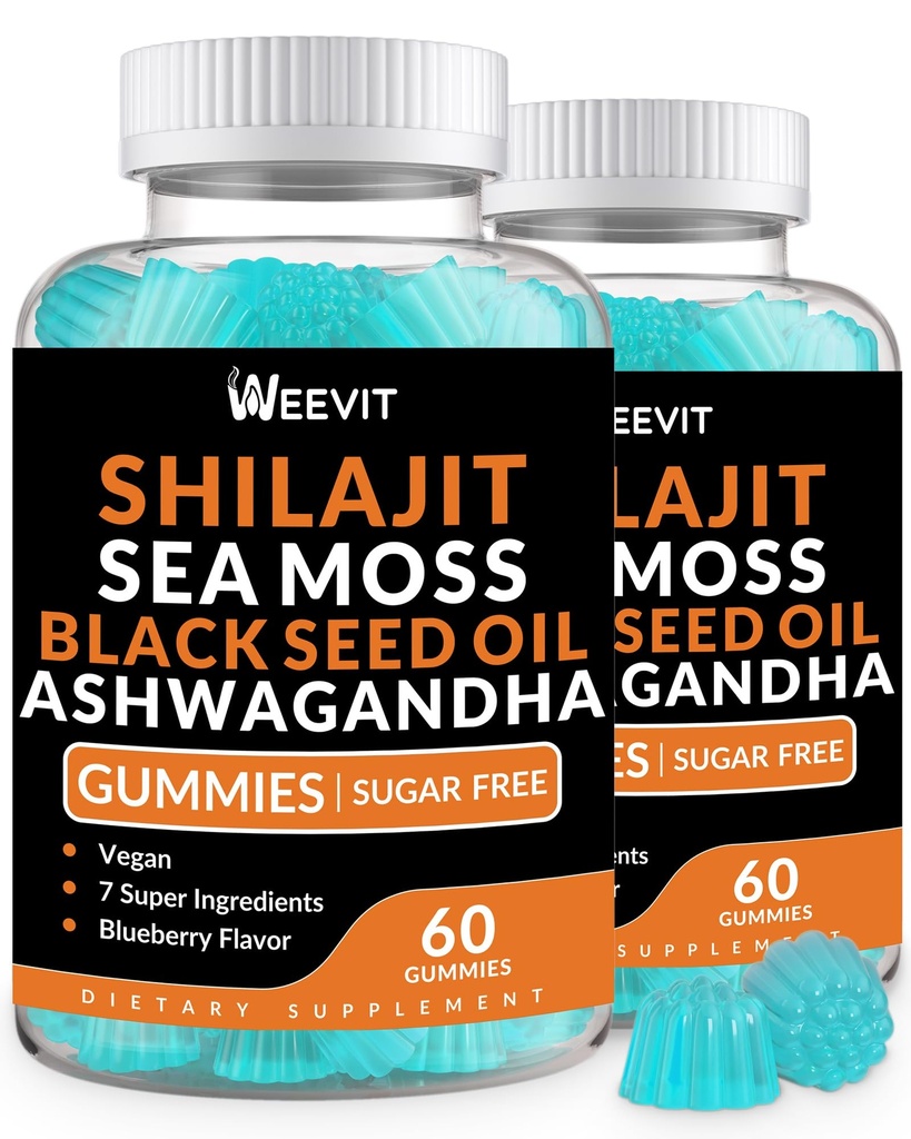 Shilajit Sea Moss Ashwagandha Gummies med gummi, svart frøolje, vitamin C D for menn og kvinner, Shilajit og Ashwagandha Gummy, alle i 1 kosttilskudd for immun, absorpsjon og energi støtte