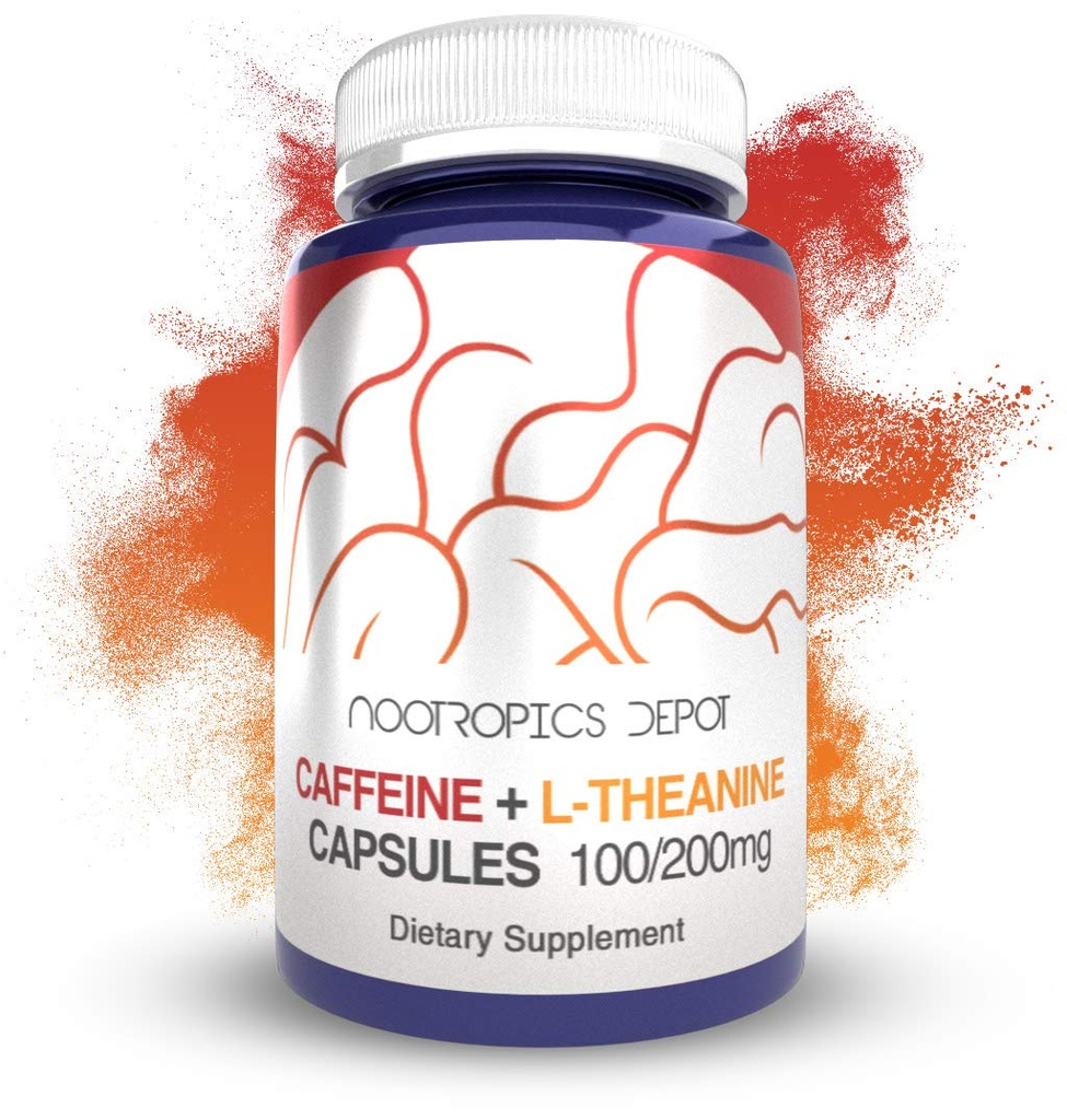 Nootropics Depot Caffeine L-Theanine Capsules | 180 piller inneholder 100 mg koffein og 200 mg L-Theanine | Brain Booster | Energitilskudd | Øk mental fokus + Alarmness